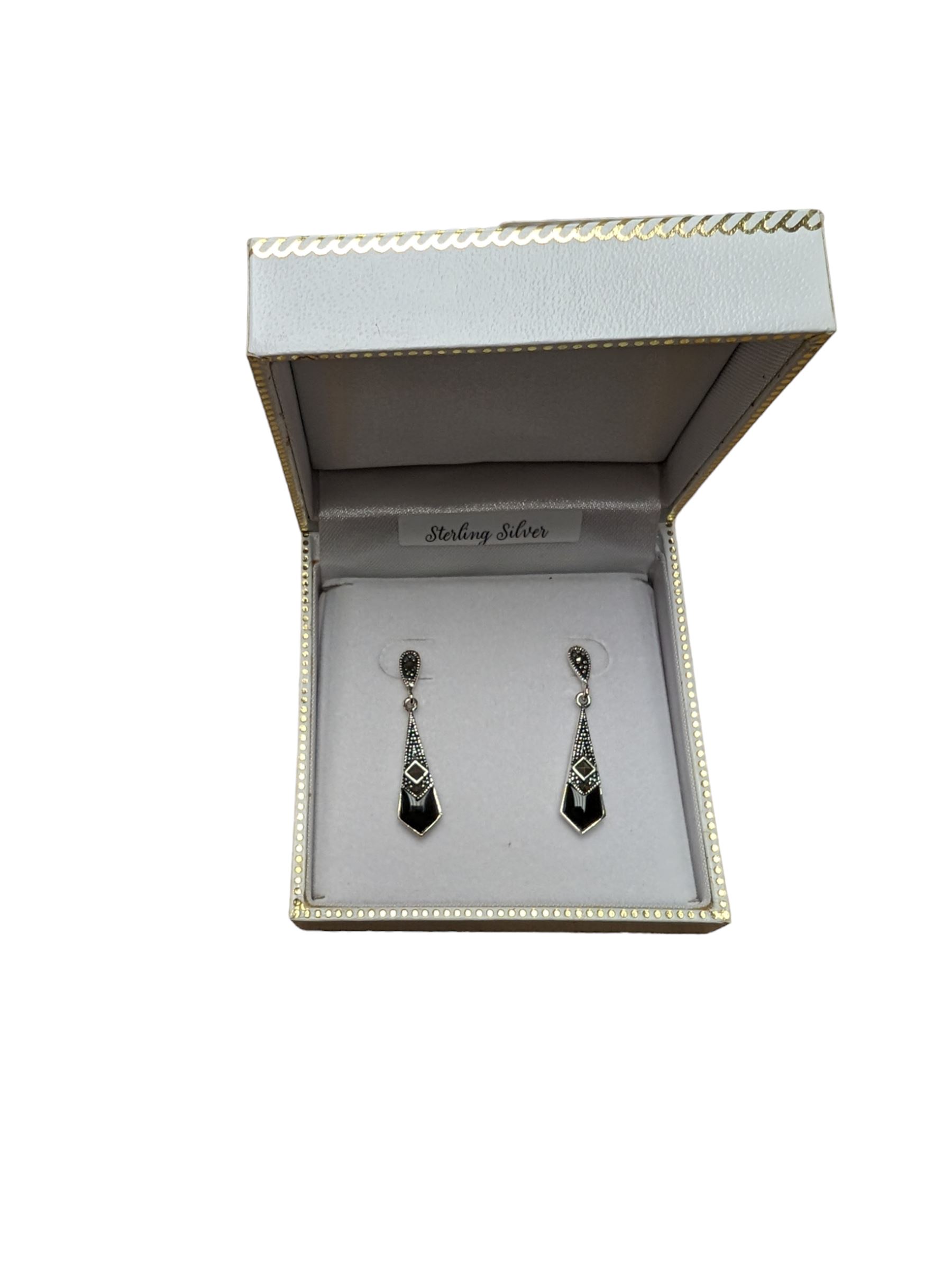 Silver black onyx and marcasite pendant stud earrings, stamped 925, boxed 