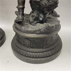 Pair spelter warriors, both with shields with a naturalistic ground and a plinth with relief decoration, H51cm