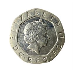 Queen Elizabeth II undated error twenty pence coin, from 2008
