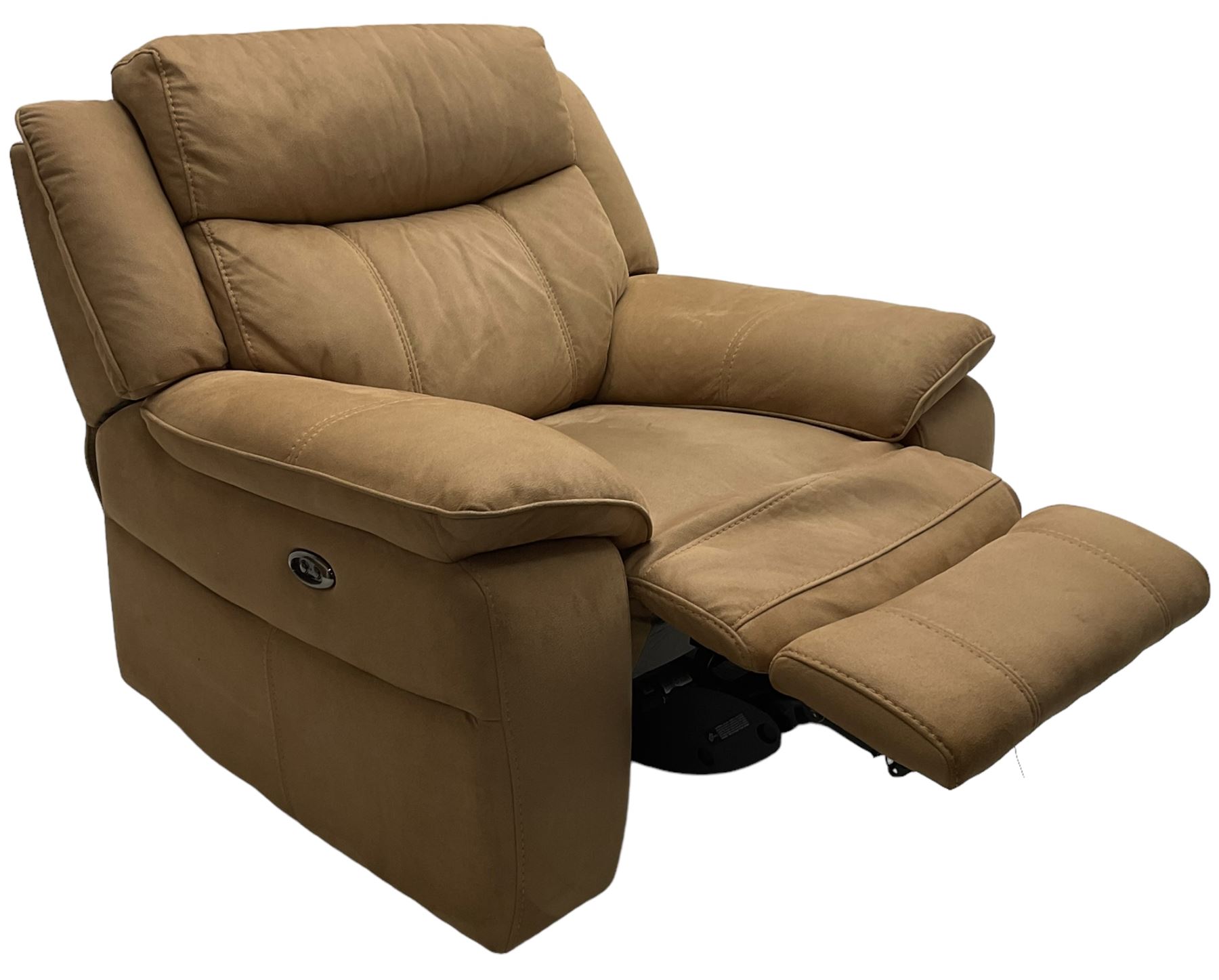 Electric reclining three-seat sofa (W213cm, H100cm) and matching armchair (W109cm) upholstered in brown fabric