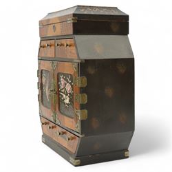 19th/ early 20th century Japanese parquetry and lacquer table cabinet, the brass mounted double doors  inlaid in mother-of-pearl, with a scene of a bird amongst branches, against a black lacquer ground, opening to an arrangement of six drawers, the top with hinged cover, and three further drawers, H36cm, D14cm, W29cm