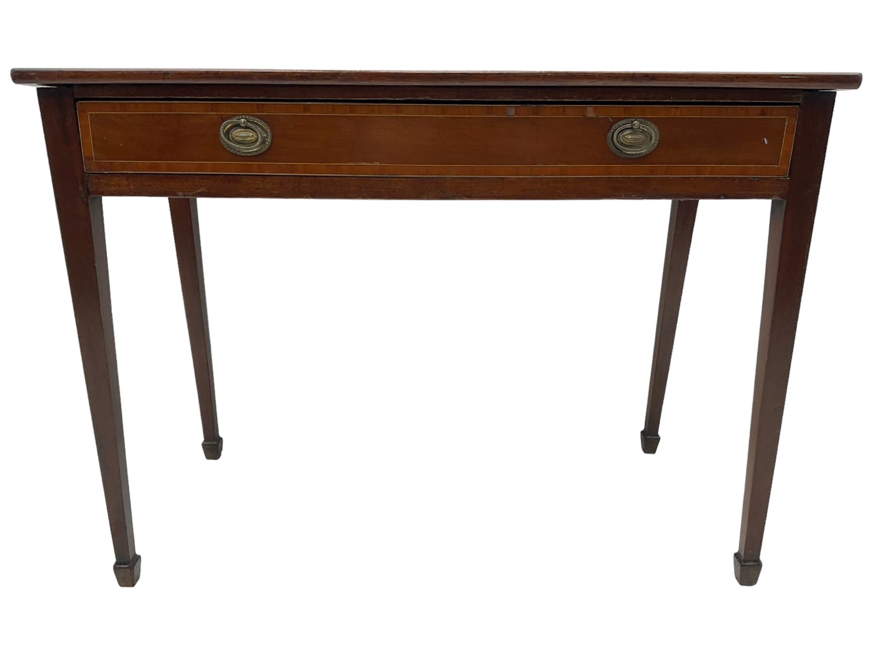 19th century inlaid mahogany side table, banded rectangular top over single full length drawer, on tapered supports with spade feet