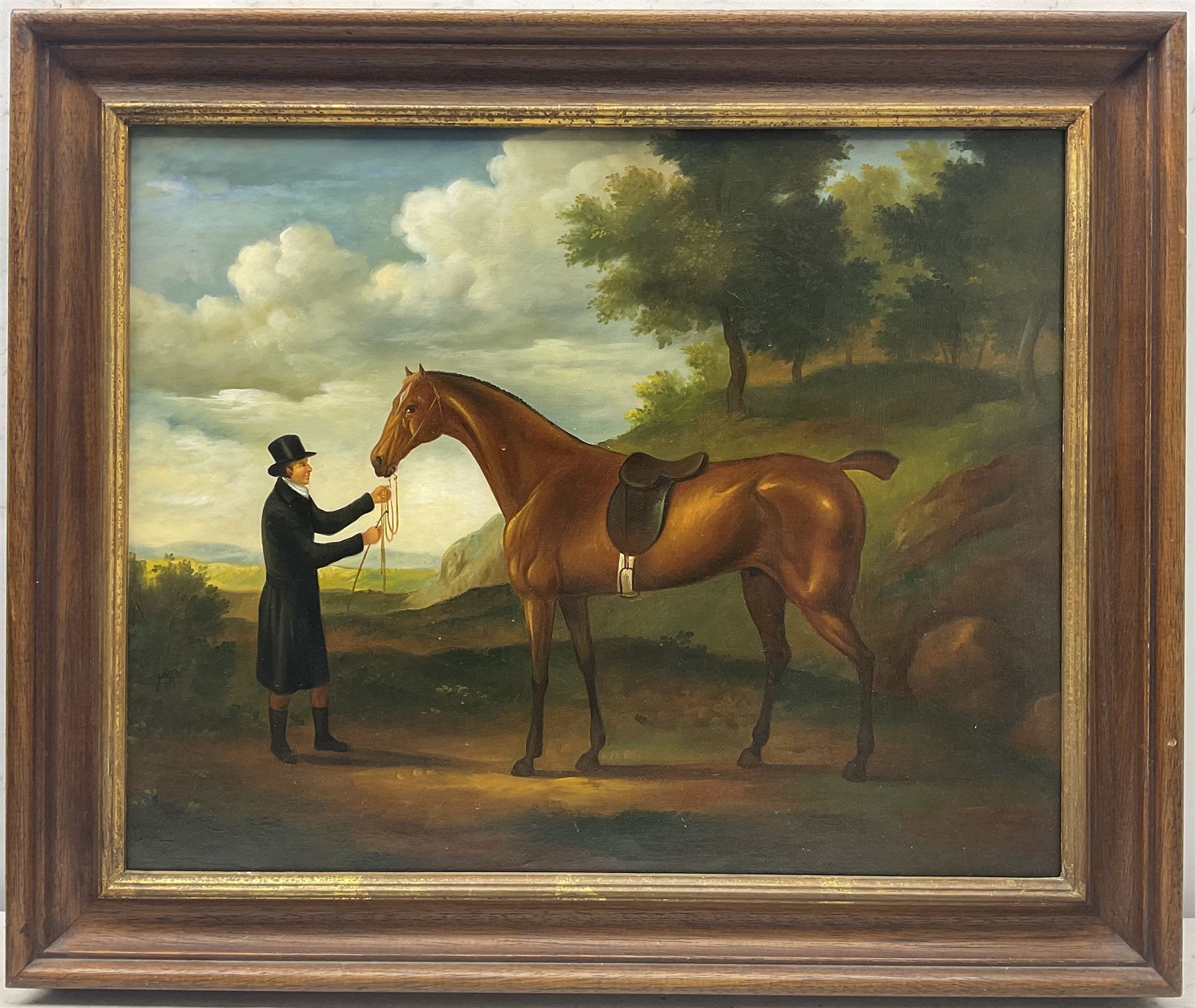 English Naive School (20th century): Portrait of a Horse and Groom, oil on canvas unsigned 40cm x 50cm