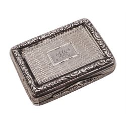 William IV silver vinaigrette, of rectangular form, with engine turned decoration throughout, chased scrolling borders and engraved cartouche to hinged cover, opening to reveal gilt interior with typical pierced cover, hallmarked Charles Reily & George Storer, London 1834, W3.7cm