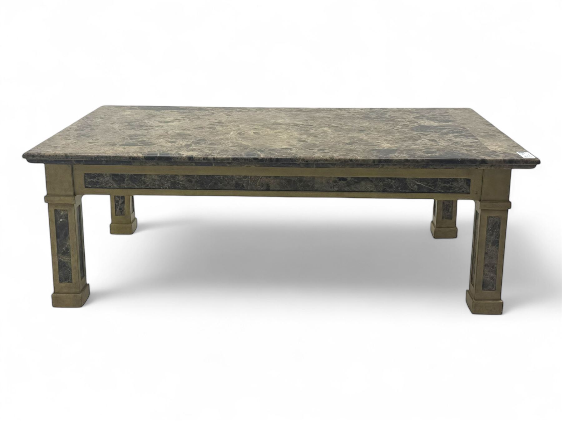 Rectangular coffee table, variegated marble top, on square supports with block feet 