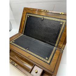 Victorian mahogany brass bound writing slope, together with a carved oak book slide, oak silver plated desk stand and a canteen box with engraved brass shield cartouche, writing slope W45cm