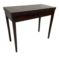 George III mahogany tea table, fold-over rectangular top over single cock-beaded frieze drawer, on square tapering moulded supports, double gate-leg action base