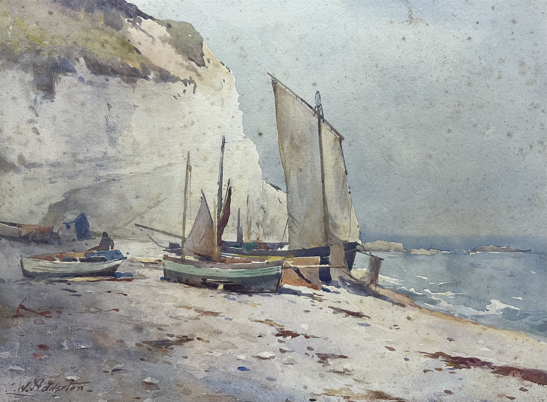 Charles William Adderton (British 1866-1944): Fishing Boats at Flamborough, watercolour signed 26cm x 35cm (unframed)
Provenance: direct from the family of the artist Harry Wanless 1872-1934, part of a collection never previously seen on the market
Notes: Adderton was a friend of the brothers Harry and Charles Wanless, all of whom studied under Albert Strange at the Scarborough School of Art School. Adderton had a studio at 55 Sandside, Scarborough between 1894 and 1901, he moved to Ockbrook Derby and later to Robin Hoods Bay where he was a member of the Fylingdales Group of Artists