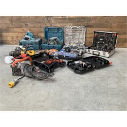 Various building tools to include, DeWalt reciprocating saw, Bosch planer, Titan SDS drill, Black & Decker drills, Evolution 110V saw, fitted tool case, Dremel and other tools