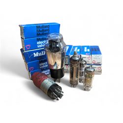 Large collection of Mullard thermionic radio valves/vacuum tubes, including boxed examples and bubble wrapped examples identified with lists