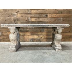 Cast stone garden Rams Head bench, two pillars set with architectural rams heads, rectangu...