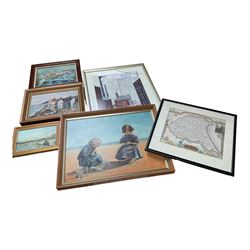 Collection of oil paintings, including landscapes coastal town, together with map and Lowery print 