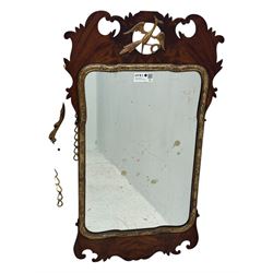 Georgian design walnut and parcel gilt fretwork wall mirror (76cm x 73cm); Chippendale design mahogany fretwork wall mirror, carved with Ho-Ho bird pediment (54cm x 93cm)