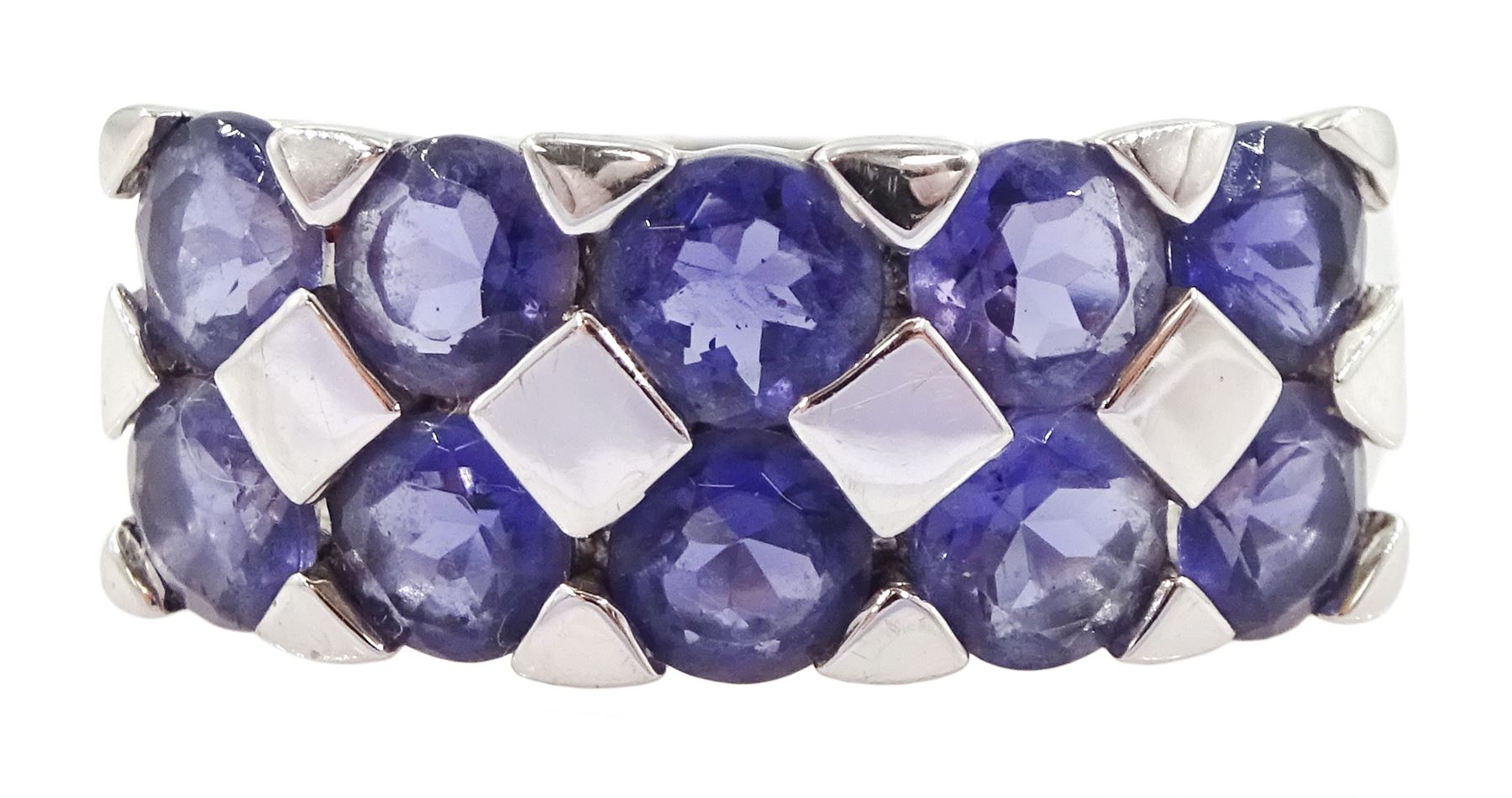 9ct white gold two row tanzanite ring, hallmarked