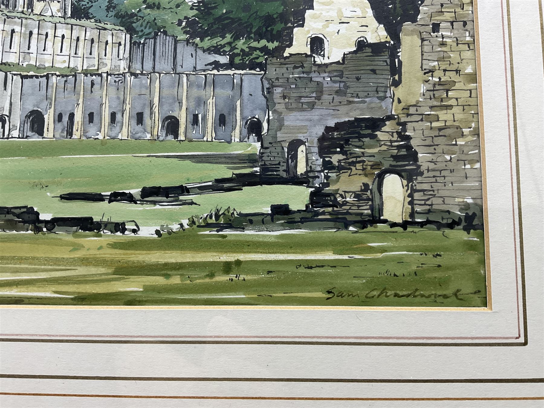 Sam Chadwick (British 1902-1992): Fountains Abbey, watercolour and ink signed 21cm x 27cm