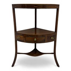 George III mahogany two-tier corner washstand, the inlaid top with geometric border, central drawer flanked by two faux drawers each with brass pull handle, on splayed supports united by shaped under-tier