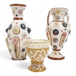 Zsolnay Pecs reticulated pedestal bowl, of goblet form, H10.5cm together with two Zsolnay style vases (3)