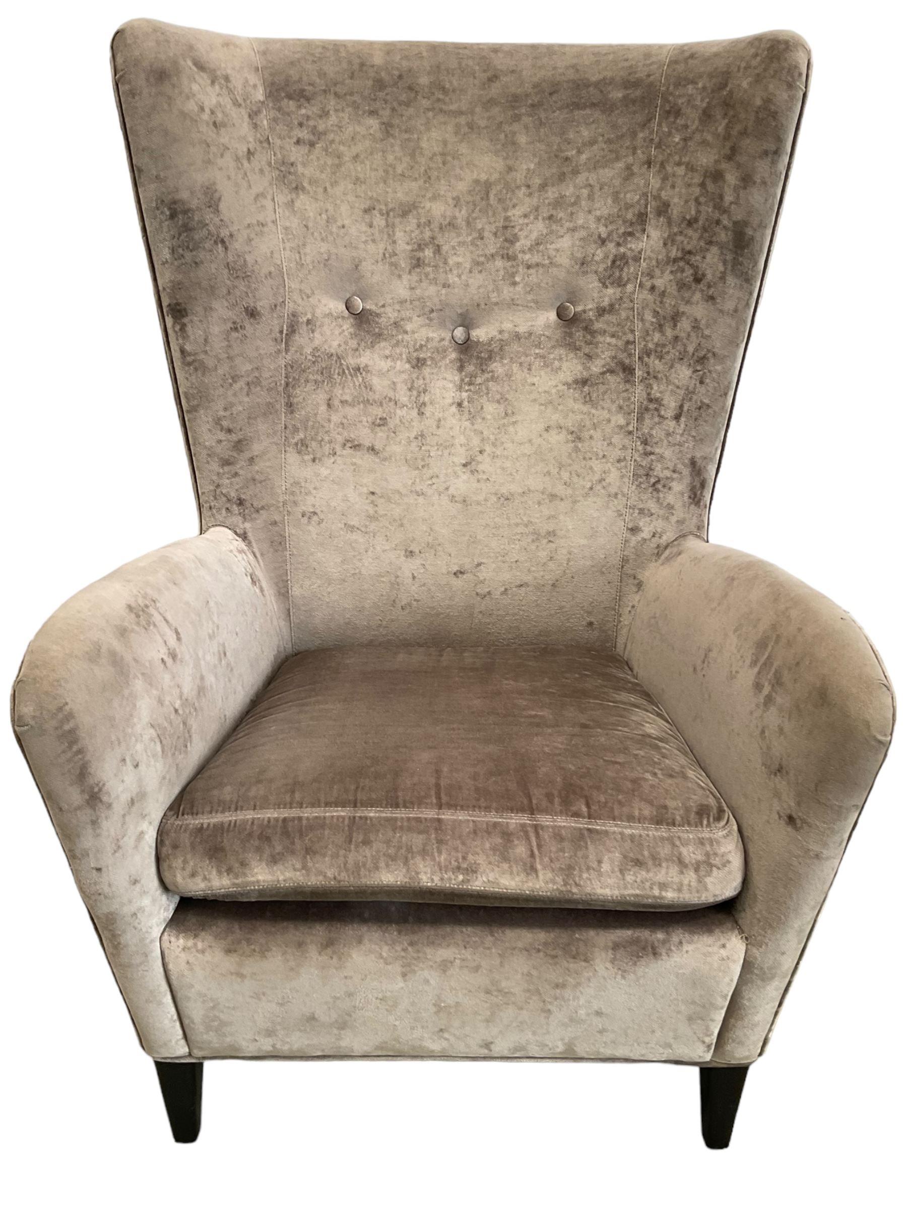 2 x Wing back armchair upholstered in silver crushed velvet fabric