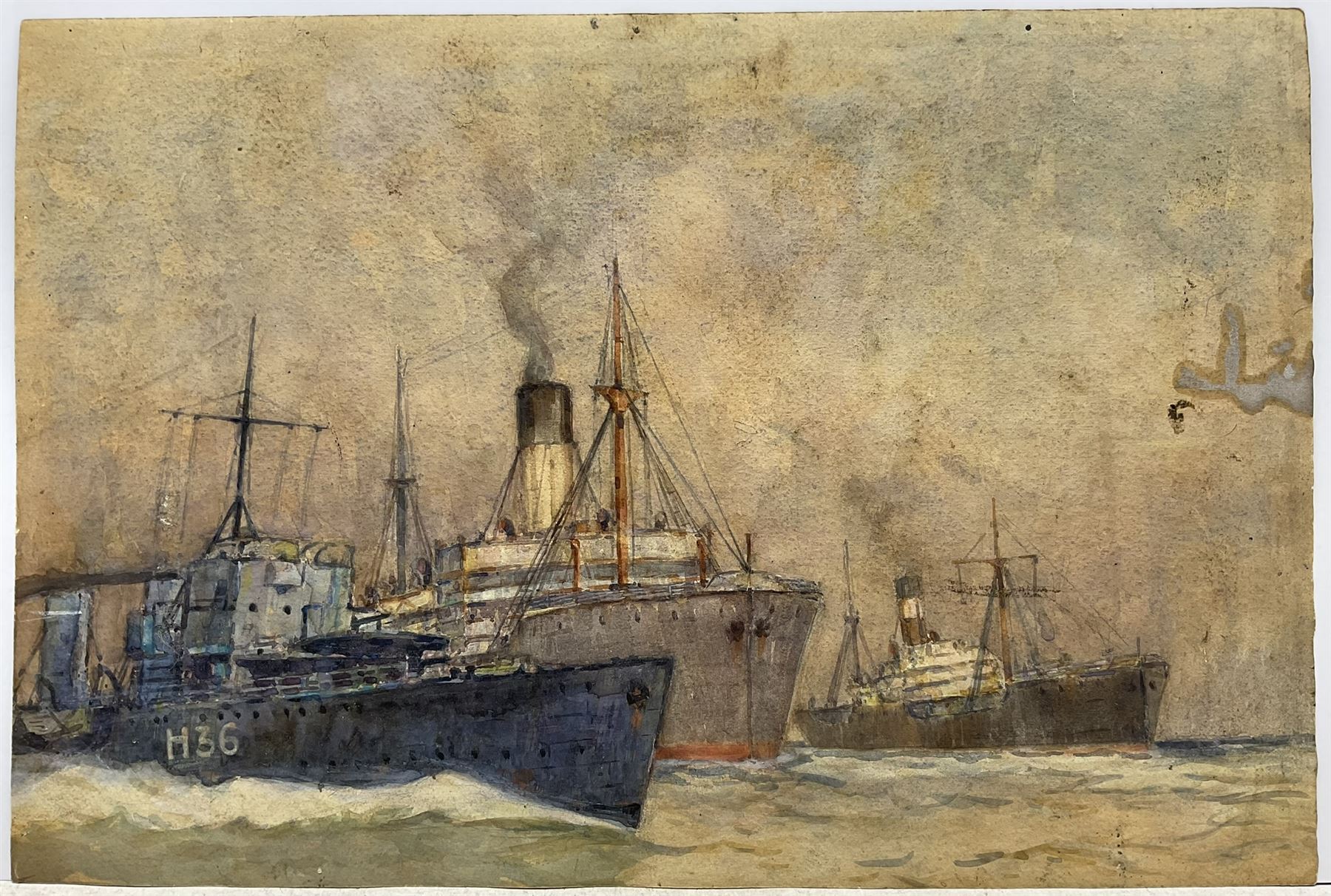 William J Mann (Scarborough mid 20th century): Steam Trawlers by the Fish Quay Scarborough, watercolour signed and dated '49, with a study of shipping verso 30cm x 45cm
Notes: Mann was a member of the Fylingdales Group of Artists and lived in Newby, Scarborough.