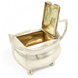 George III silver mustard pot of rectangular form with gadrooned border, hinged lid, gilded interior and ball feet London 1805 Maker Alice & George Burrows II