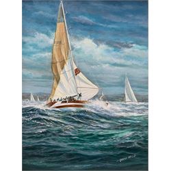 Brian Mays (British 1938-2005): 'Marionette IX at the Point of Losing her Mast - Cowes Week 1986', oil on board signed, titled verso 39cm x 29cm 
Provenance: direct from the family of the artist.