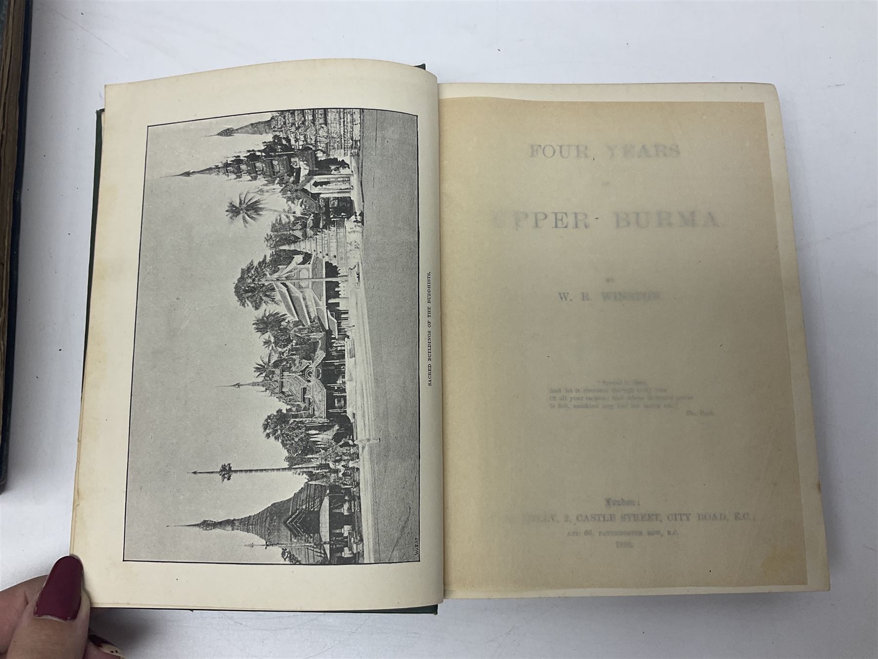 Burma and North East India - twenty books including The Burmese Empire by Father Sangermano. 1893; My Three Years in Manipur by Ethel St. Clair Grimwood. 1892; Shans at Home by Mrs. Leslie Milne. 1910; Four Years in Upper Burma by W.R. Winston. 1892; The Soul of People by H. Fielding. 1898; History of Upper Assam, Upper Burmah and North-Eastern Frontier by L.W. Shakespear. 1914; and fourteen others (20)