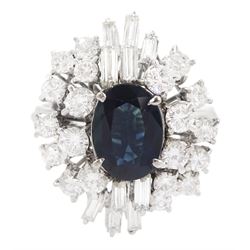 18ct white gold oval cut sapphire, baguette cut and round brilliant cut diamond cluster ring, sapphire approx 1.70 carat, total diamond weight approx 1.90 carat