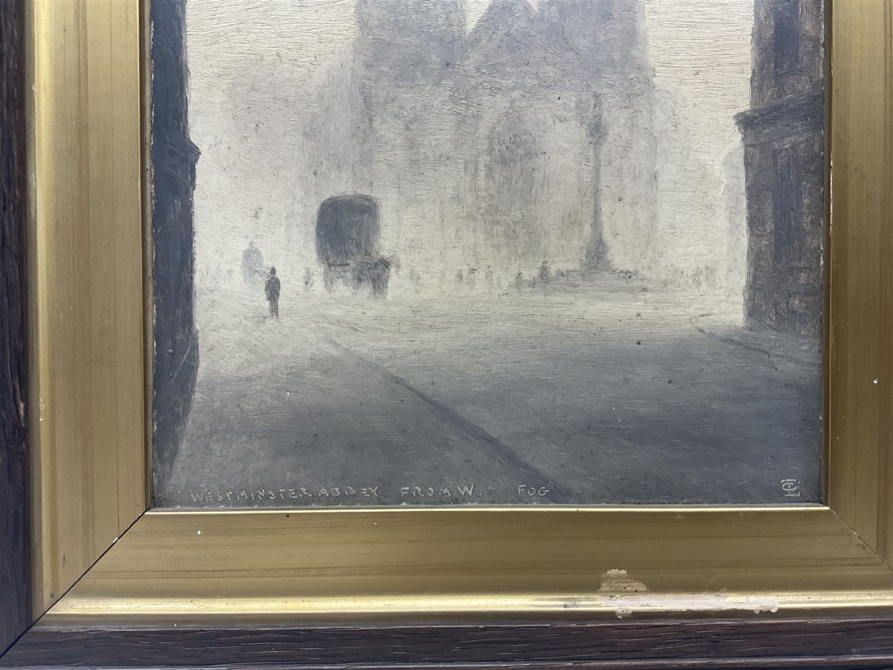 Attrib. Lionel Townsend Crawshaw (Staithes Group 1864-1949): 'Westminster Abbey - Fog' and Houses of Parliament, pair oils on canvas, one titled and signed with monogram max 27cm x 19.5cm (2)