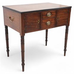 Georgian mahogany side table, rectangular reeded top over two small drawers and flanking cupboards, false drawer to the opposing side, fitted with carrying handles, on ring turned supports