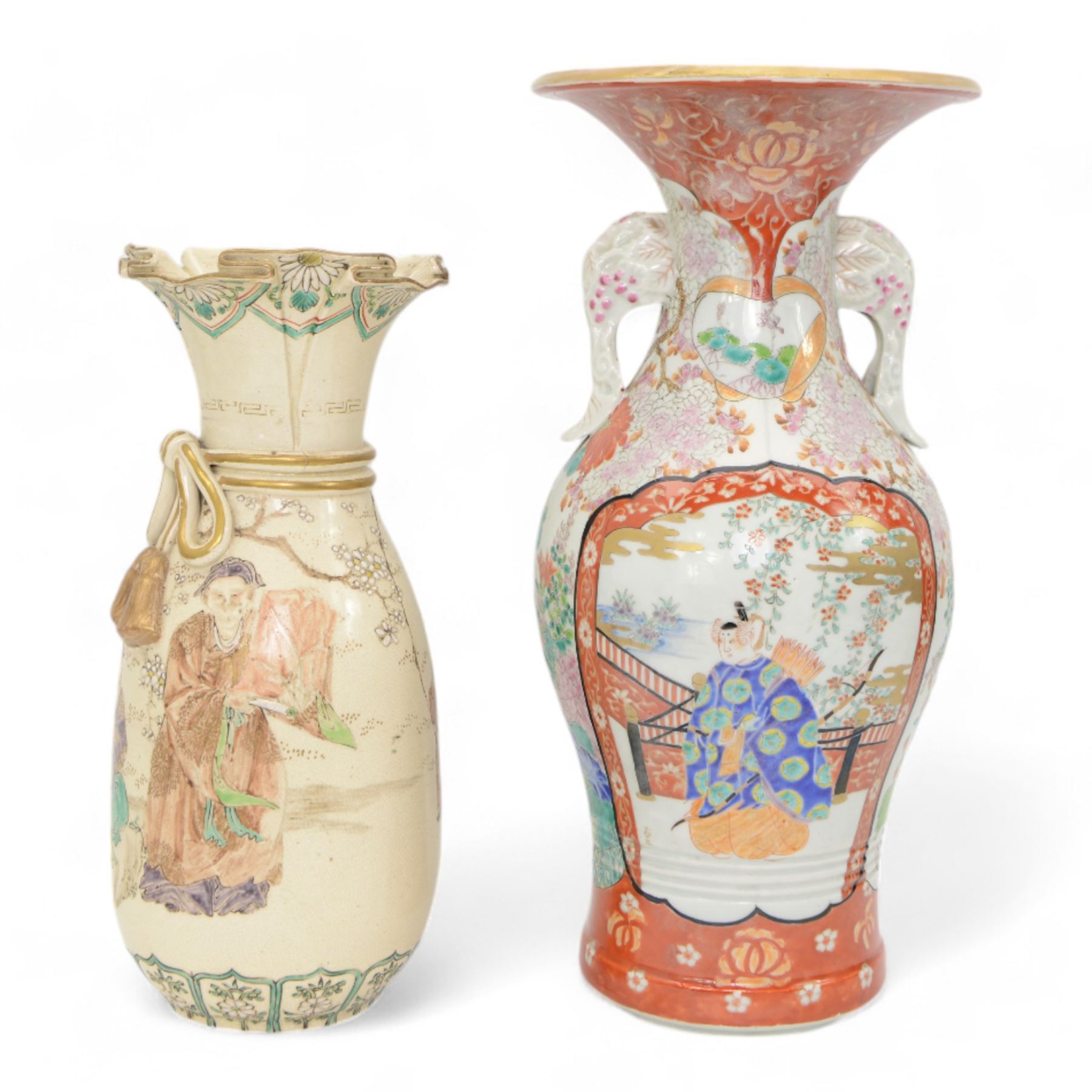 Japanese Meiji porcelain twin handled vase, the body decorated male and female figures in fenced gardens, in opposing panels, against a chrysanthemum and blossom ground, H36cm together with a Japanese Meiji Satsuma 'Sack' vase, the body of ovoid form, enamelled with sages amongst cherry blossom, H29cm (2)