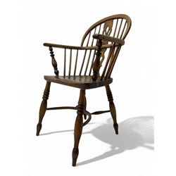 19th century Windsor armchair, hoop back with central pierced splat and turned spindles, s...