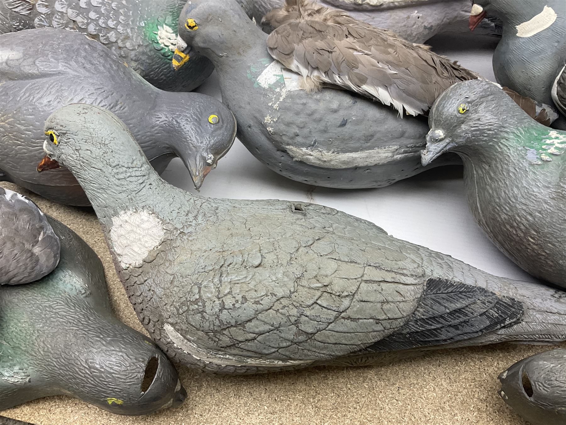 Fourteen Wood Pigeon decoys, together with camouflage netting