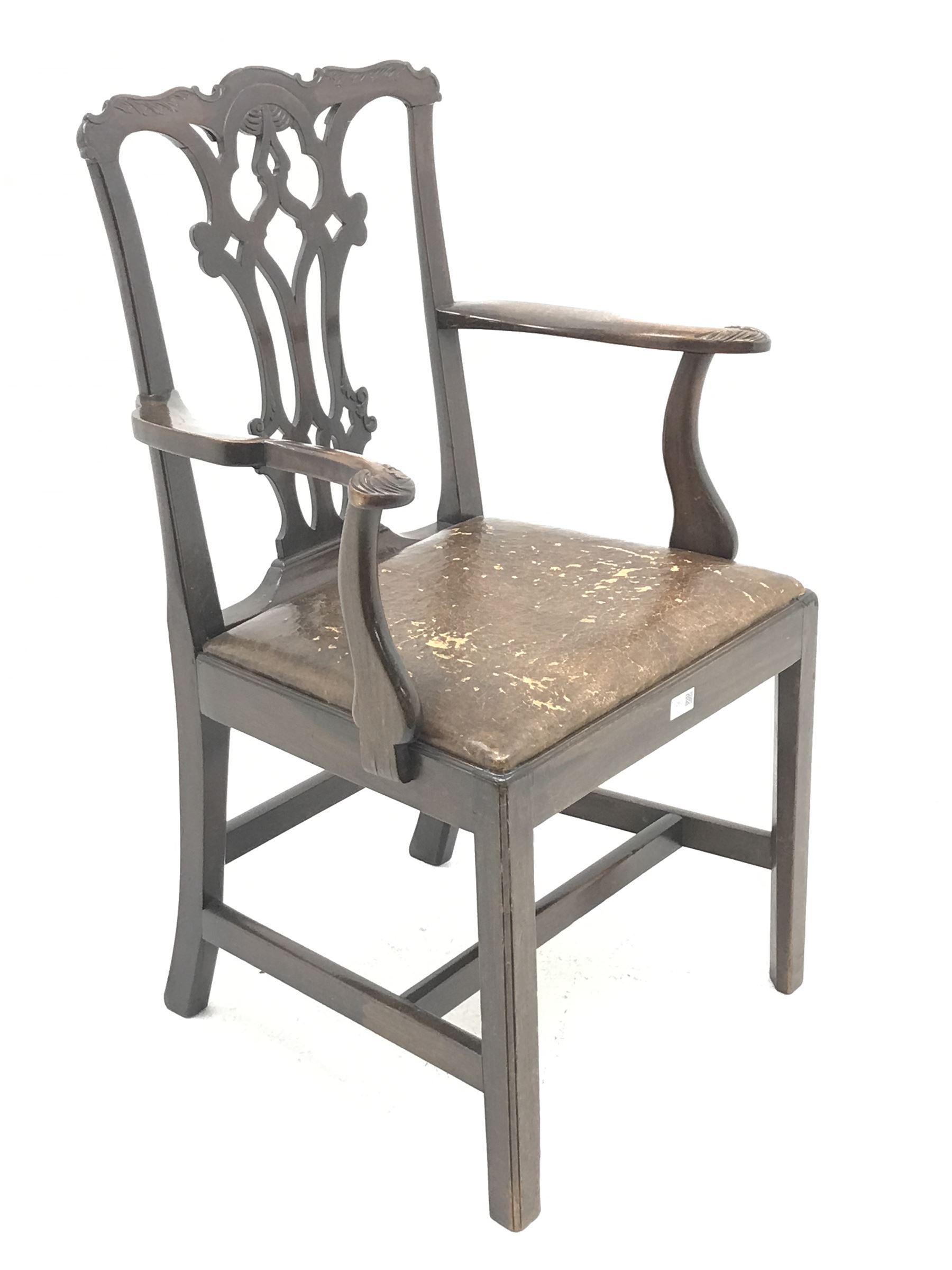 Georgian mahogany armchair, shaped cresting rail over a Gothic pierced splat, arms with acanthus scrolled terminals, leather drop in seat, moulded square supports, W62cm (total)