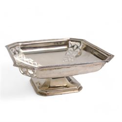 Silver circular sweetmeat dish with pierced border D16cm London 1930, another of square form with cut off corners W12cm Birmingham 1937 and a Cambridge University silver saucer dish (3)