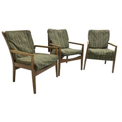 Cintique - set of three beech framed open easy chairs 