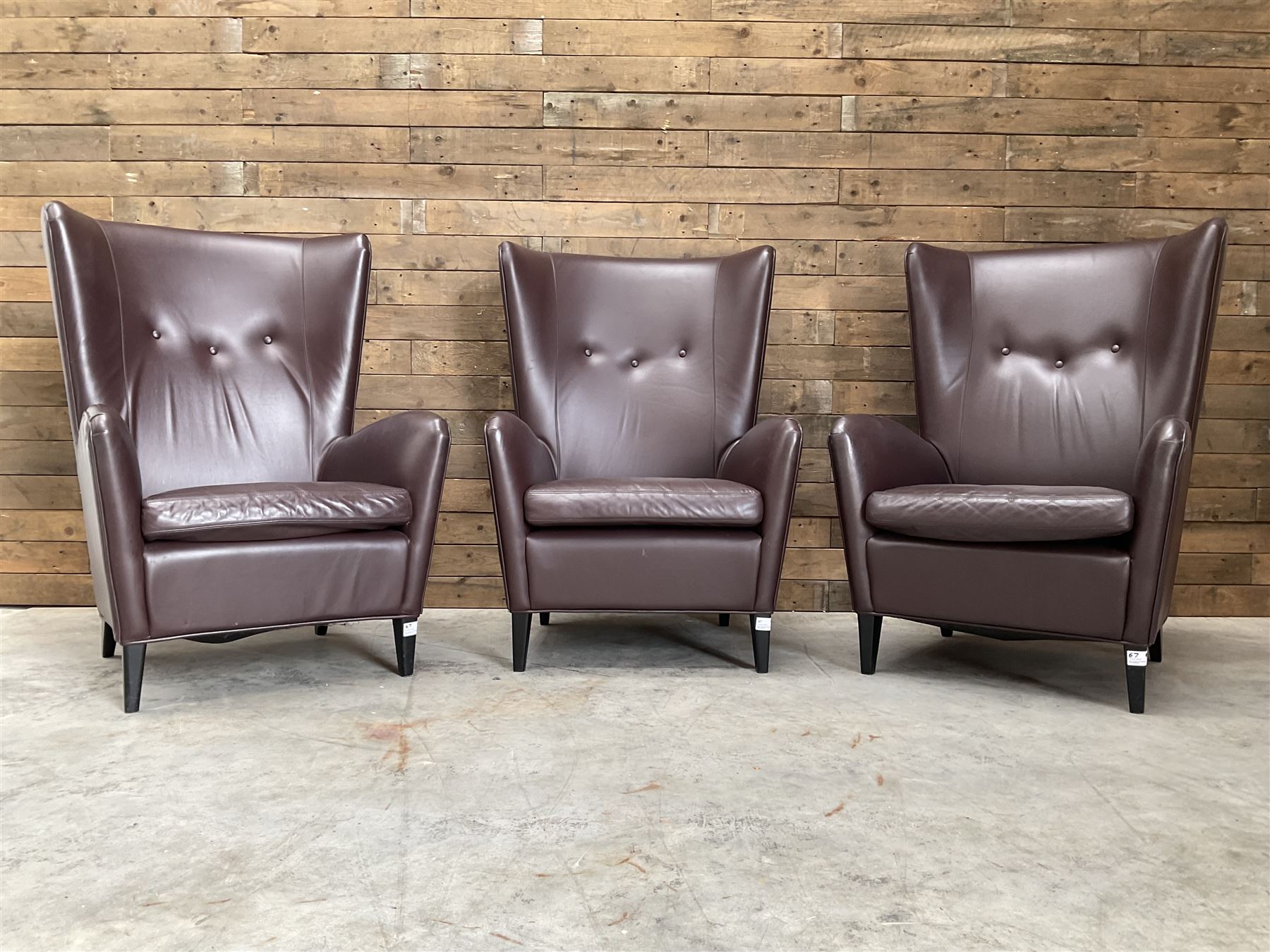 3 x Wing back armchair upholstered in cocoa brown leather