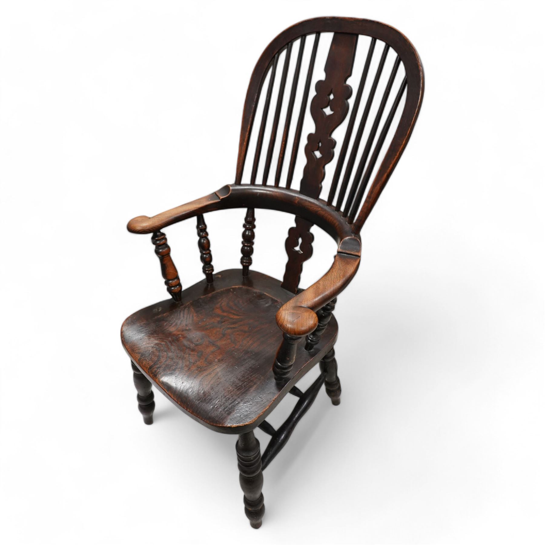 Victorian elm and beech Yorkshire Windsor armchair, double hoop and stick back with shaped and pierced splat, dished seat on turned supports united by double H-stretchers 