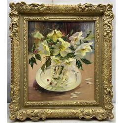 Iris Collett (British 1938-): Still Life of Christmas Roses, oil on board signed 40cm x 34cm
Provenance: part of the artist's studio collection