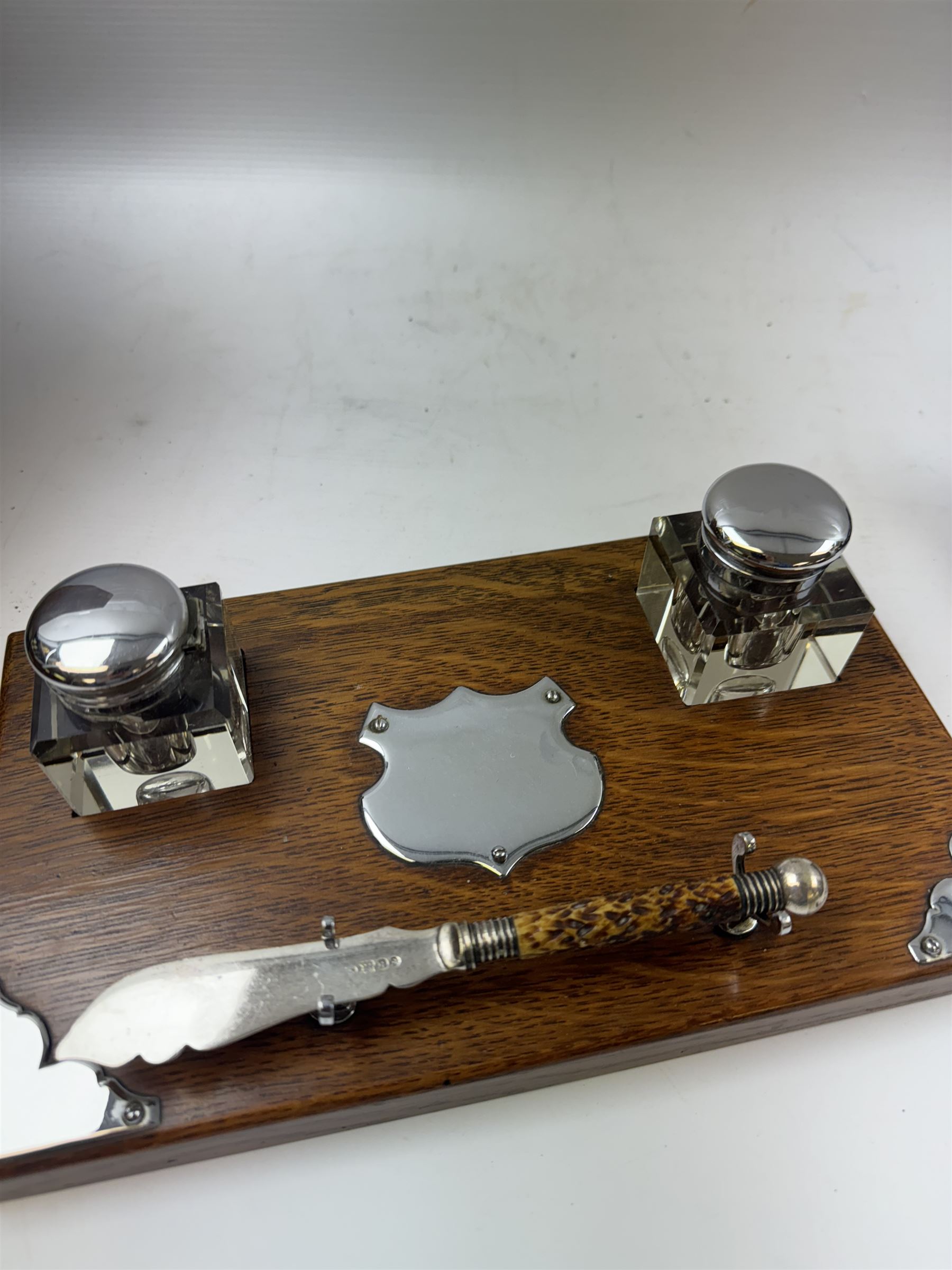 Victorian mahogany brass bound writing slope, together with a carved oak book slide, oak silver plated desk stand and a canteen box with engraved brass shield cartouche, writing slope W45cm