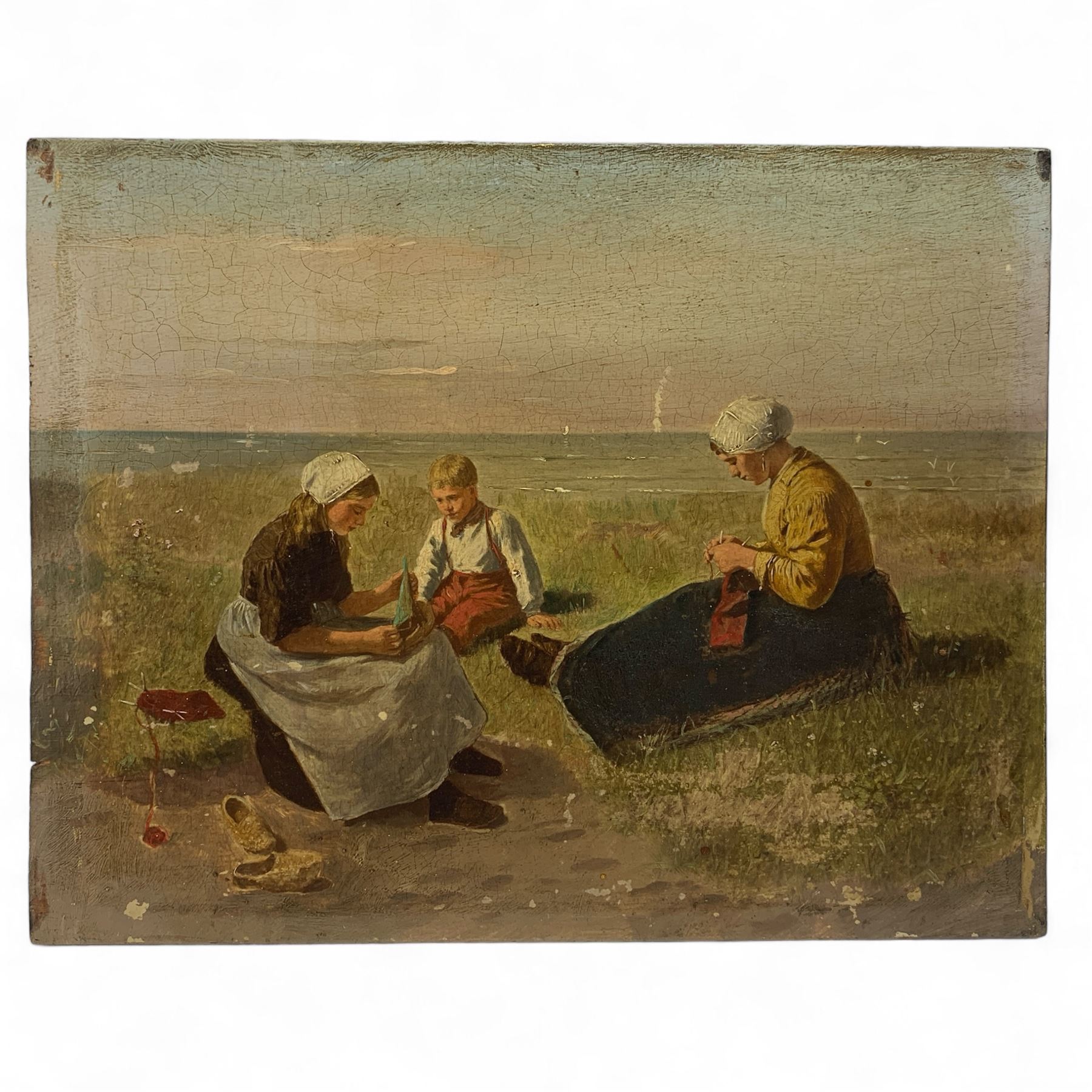 After J S Lomers (French 19th Century): Family at the Beach, overpainted print on panel 21cm x 26cm 