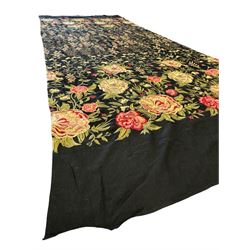 Embroidered Karandi fabric runner, the field featuring a black ground with an all-over floral design, including large pink and cream roses, accompanied by green leaves and small blossoms, bordered by plain sections at each end