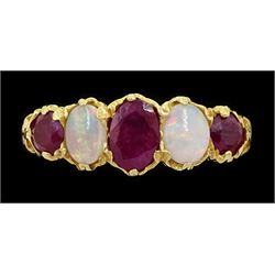 14ct gold five stone oval cut ruby and opal ring, London 2006