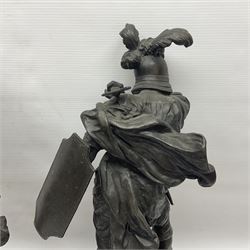 Pair spelter warriors, both with shields with a naturalistic ground and a plinth with relief decoration, H51cm