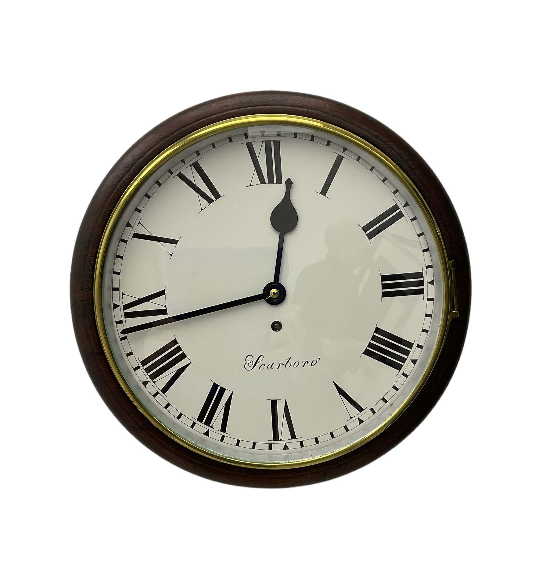 English - Early 20th century 8-day mahogany cased fusee wall clock, with a spun brass bezel and 12