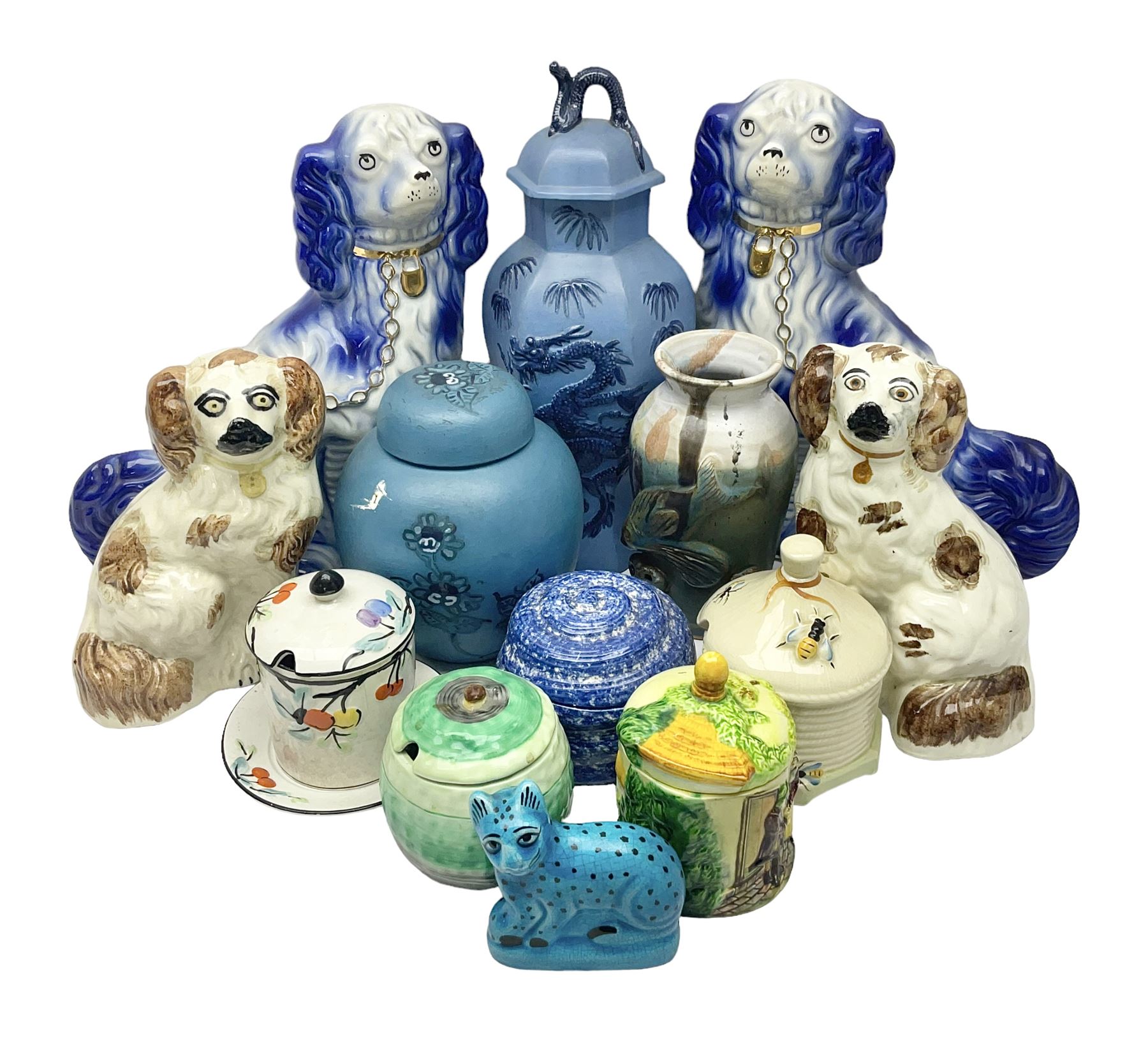 Pair of blue Staffordshire style dogs, together with a smaller brown pair, fish vase, oriental style ginger jar and four preserve jars including a Shelley example