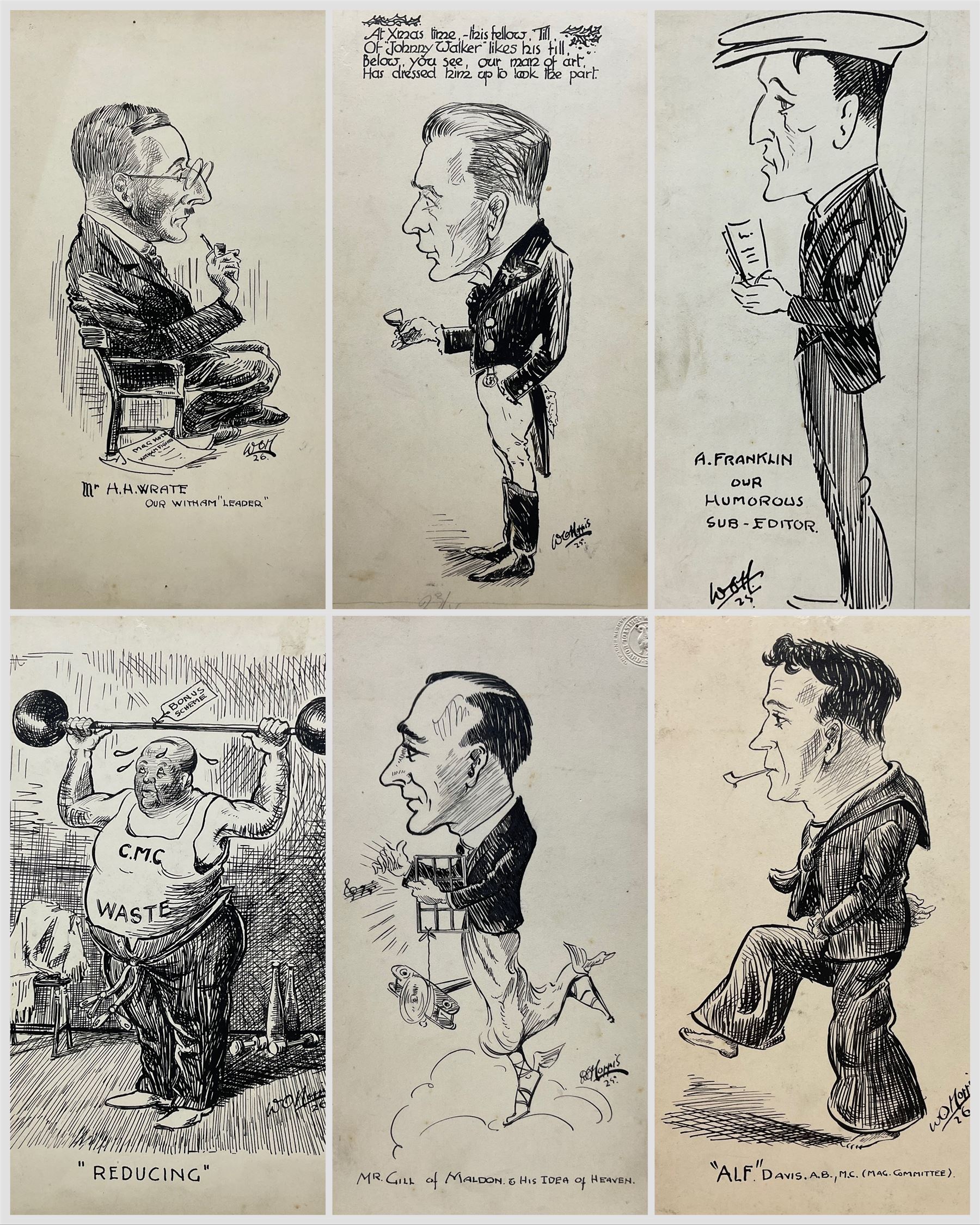 William O Norris (British 19th Century): Large folio of humorous pen and ink illustrations for Crittall Magazine and other original works to include various advertisement drafts for Eastern National and Marconis Wireless Telegraph Company, mostly dated '25, and a photograph of the artist at work, max 36cm x 46cm 