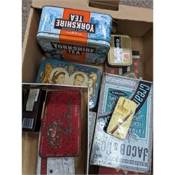 Collection of advertising tins, including Jacobs Crackers, OXO, Yorkshire Tea, etc