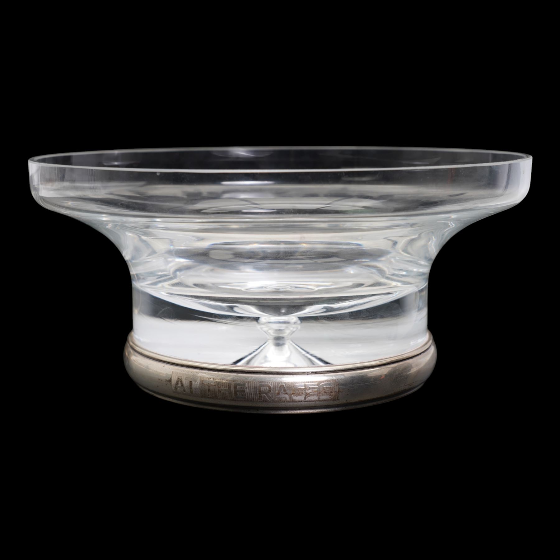 Links of London glass and silver mounted pedestal bowl, London 2006, D20.5cm and a similar presentation glass bowl with silver mount, inscribed 'At The Races', maker W I Broadway & Co, D23cm (2)