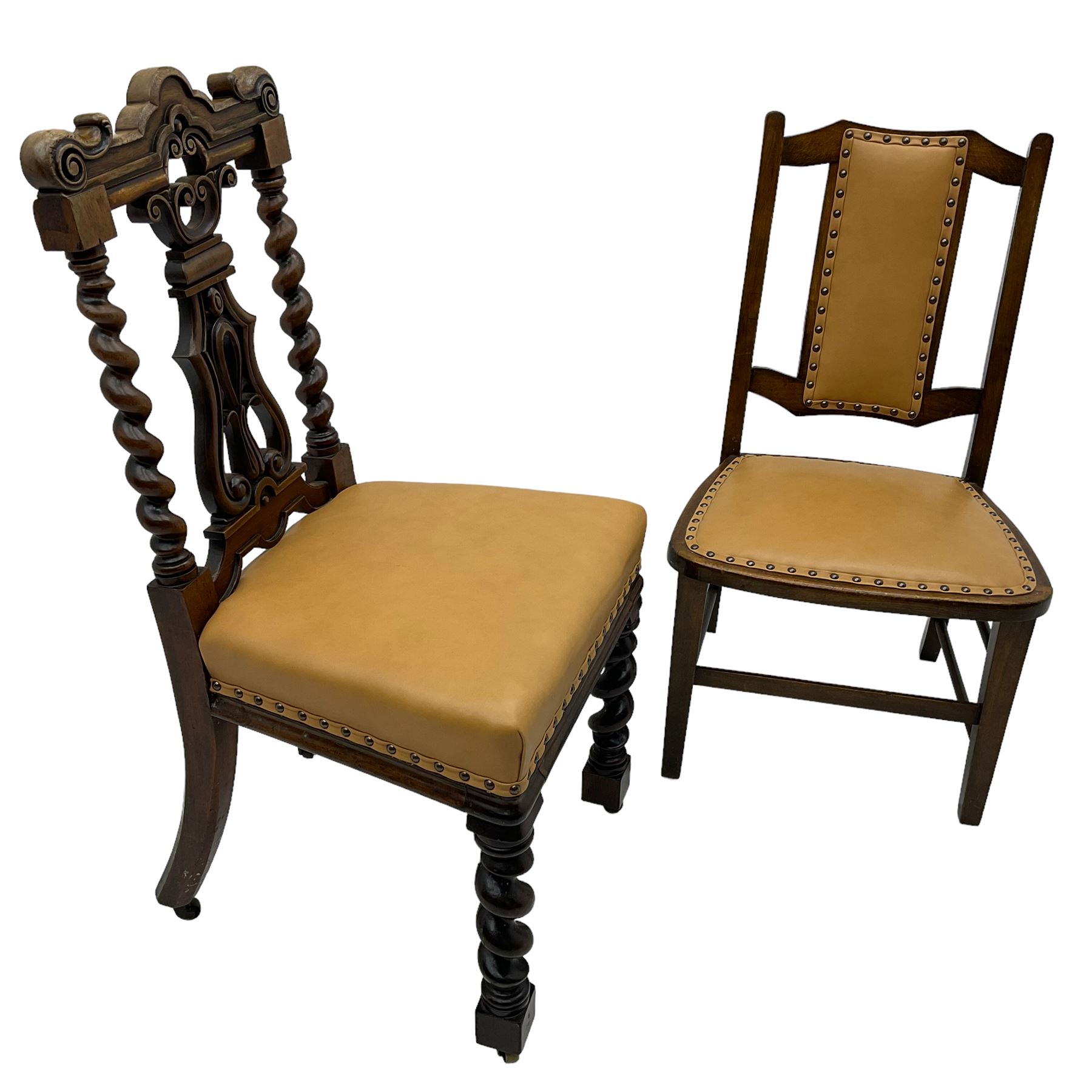 Early 19th century mahogany side chair, the shaped cresting rail with scroll carved ears over shaped and pierced splat with scrolling decoration, enclosed by spiral turned supports, leather upholstered seat, on spiral turned front supports (W45cm); 20th century stained beech framed chair (2)