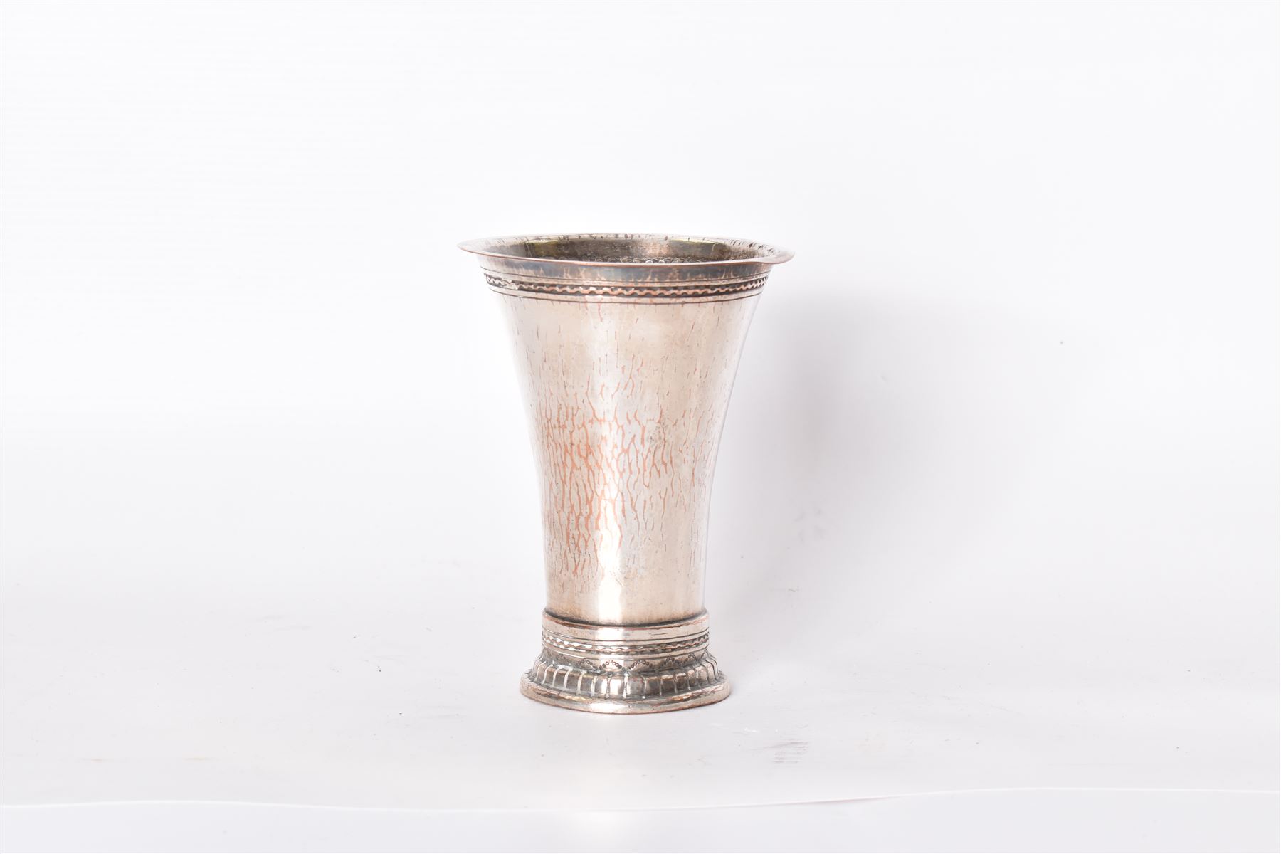 Keswick School of Industrial Arts, an Arts and Crafts plated copper vase, flared cylindrical form, stamped KSAI beneath, H14cm